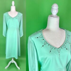 Vintage 70s Seafoam Green Dress with Rhinestones Balloon Sleeves - Size Large
